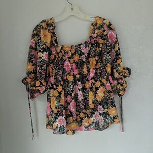 Twine and String Floral Smocked Peasant Blouse Peplum Puff Sleeve Boho Top M